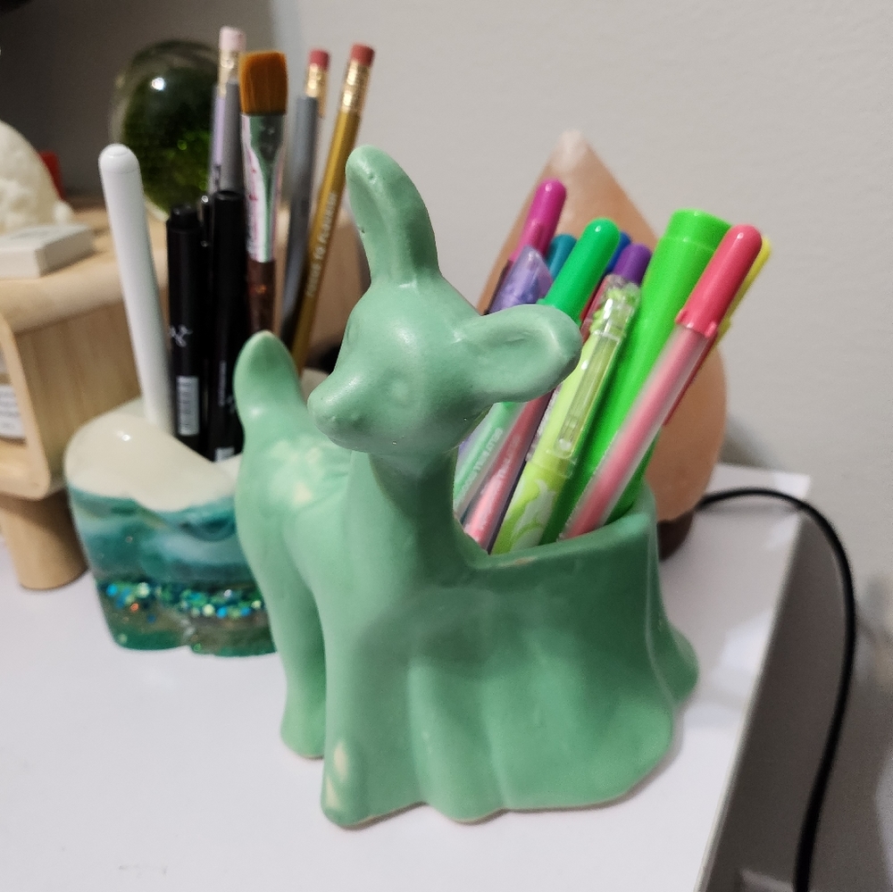 Shawnee pottery green deer with planter
